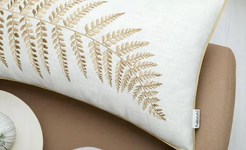 Vista 2 de Rudransha Funda de almohada lumbar con bordado de hojas de helecho botánico, 12 x 18 pulgadas, algodón marfil