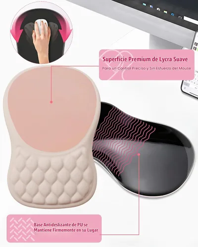 Vista 5 de Alfombrilla de mouse ergonómica con reposamuñecas, soporte de espuma viscoelástica con diseño de pendiente, superficie de licra lisa, base