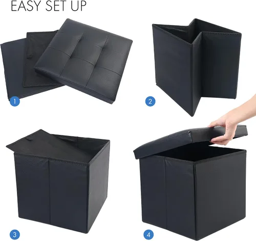 Vista 6 de LotFancy Otomana de almacenamiento, taburete plegable para reposapiés, banco pequeño de cuero de 13 x 12 x 12 pulgadas con almacenamiento, soporta