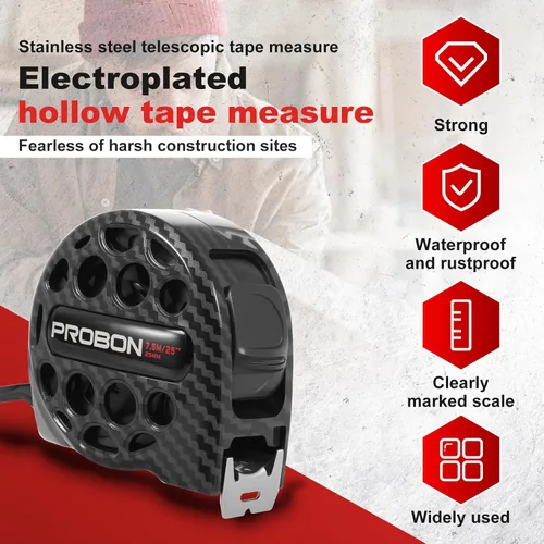 Vista 3 de Cinta métrica negra 25FT/7.5M de acero inoxidable con escala de doble cara, impermeable, retráctil, cinta de medición práctica para construcción