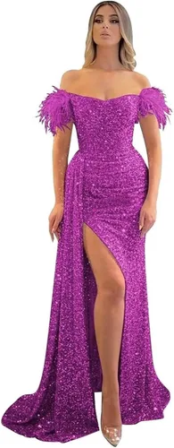 Vista 26 de Vestidos de fiesta de lentejuelas con hombros descubiertos, vestido formal de sirena brillante, vestido largo de fiesta de noche con abertura