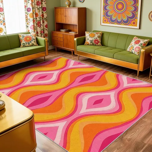 Vista 9 de Alfombra abstracta colorida de 2 x 3 pulgadas, lavable con rayas onduladas para entrada, dormitorio, cocina, alfombra retro de los años 70