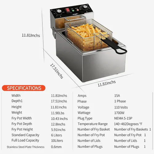 Vista 3 de Freidora eléctrica profunda de un solo tanque con canasta, capacidad 10L (10.5QT), freidoras eléctricas de encimera con temporizador de 60 minutos