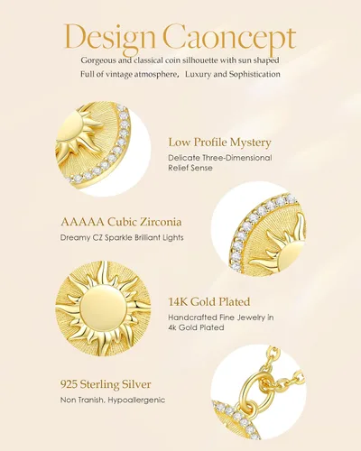 Vista 4 de CDE Collar con colgante de moneda de sol chapado en oro de 14 quilates para mujer plata de ley 925 con piedra natal de circonita cumpleaños