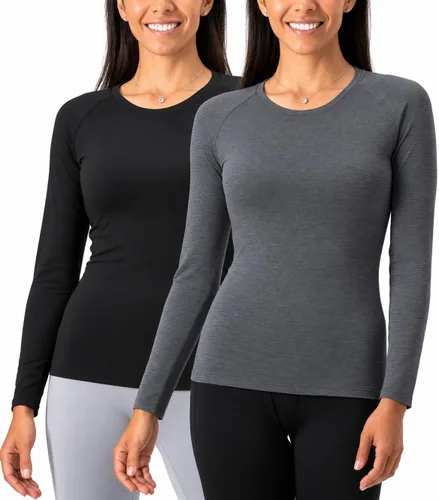 Vista 14 de DEVOPS - Paquete de 2 camisas térmicas de manga larga para mujer, capa base de compresión negro / negro