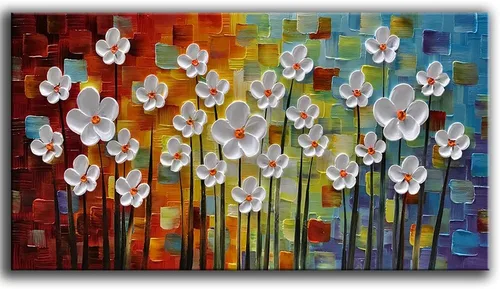 Vista 9 de YaSheng Art - Pintura al óleo de arte contemporánea hecha a mano de flores blancas en lienzo con textura 3D, pinturas de árbol abstractas