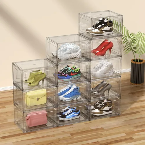 Vista 4 de 12 cajas apilables de plástico transparente para zapatillas de deporte Cajas de zapatos de acrílico, vitrina para tenis que se adapta hasta