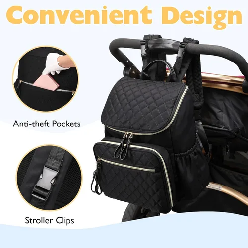 Vista 5 de LORADI Mochila ligera para pañales con clips para cochecito, bolsillos aislados, artículos esenciales para baby shower (nailon, negro)