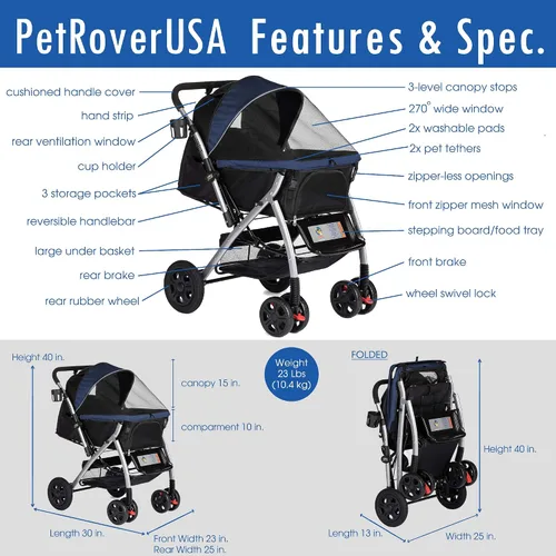 Vista 6 de HPZ Pet Rover - Cochecito de viaje resistente para perros, gatos y mascotas, con compartimento convertible, entrada sin cremallera, mango