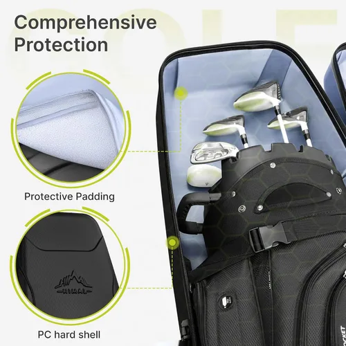 Vista 7 de Funda rígida de viaje de golf con ruedas, diseño de carcasa rígida de PC, impermeable, duradera y de gran capacidad, funda de viaje de golf