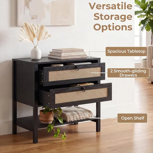 Vista 5 de KOMFOTT Rattan Nightstand, Bedside Table with 2 Drawers (Black,1)