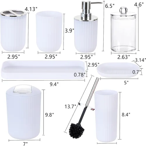 Vista 2 de YCOCO Juego de accesorios de baño, 8 piezas de plástico blanco con soporte para cepillos de dientes, taza de enjuague bucal, jabonera, dispensador
