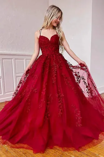 Vista 2 de Kncpti Vestidos de fiesta con cuello en V para mujer, sexy, largo, con apliques de encaje, tirantes delgados, tul largo, formal, vestidos de noche