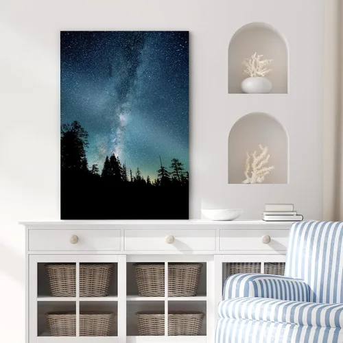 Vista 3 de SIGNFORD - Cuadro en lienzo para pared, silueta de bosque con estrellas azul marino y verde azulado, naturaleza, fotografía, realismo, decoración