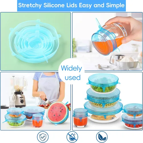 Vista 5 de 12 tapas elásticas de silicona para almacenamiento de alimentos, 6 especificaciones de cubierta de tazón de silicona reutilizable, adecuadas