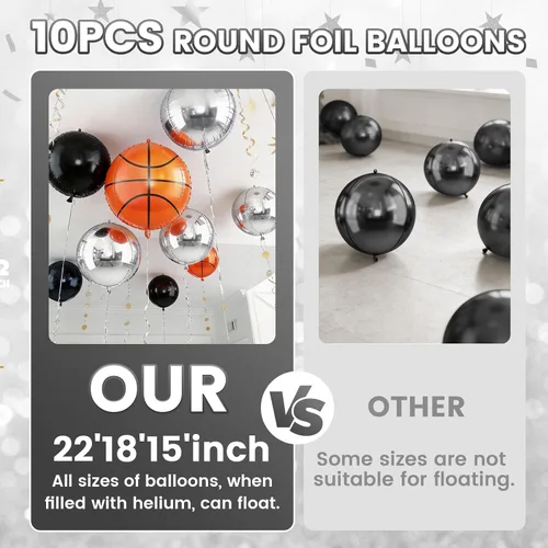 Vista 5 de Globos redondos de papel de aluminio para baloncesto, globos de helio 4D de 22 pulgadas, 18 pulgadas, 15 pulgadas, balón de baloncesto negro