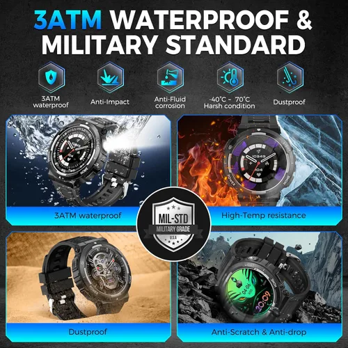 Vista 2 de Reloj inteligente militar para hombre (respuesta/hacer llamadas), reloj inteligente resistente con linterna LED, resistente al agua de 3 ATM