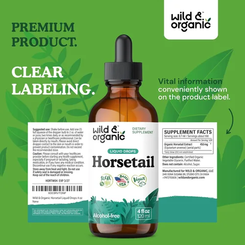 Vista 9 de Wild & Organic Tintura de Hierba Cola de Caballo - Soporte para Cabello, Piel y Uñas - Suplemento Líquido de Cola de Caballo - Gotas Veganas