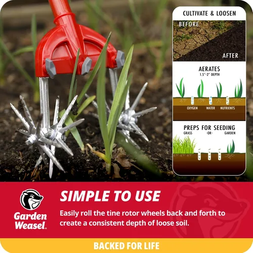 Vista 4 de Garden Weasel Cultivador Rotativo y Labrador Manual - 2 en 1 Aireación, Desmalezado, Cultivo, Plantación, Resembrado Herramienta de Jardín