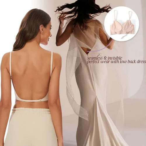 Vista 5 de Brasier de espalda baja para mujer, brasier sin espalda con tirantes convertibles multidirección, sin varillas, sin costuras, con relleno extraíble