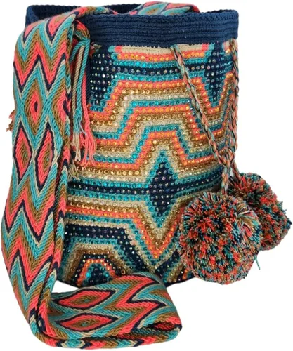 Vista 3 de Mochila Wayuu colombiana 100% auténtica, hecha a mano, producto artesanal, bolsa de viaje cruzada, diseño único, estilos multicolor..