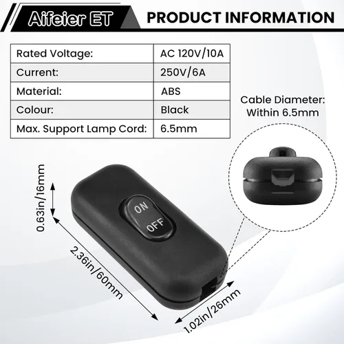 Vista 2 de Aifeier ET Interruptor de cable en línea AC 250V 6A de encendido/apagado Control de lámpara de interruptor basculante para aparato o lámpara de mesa