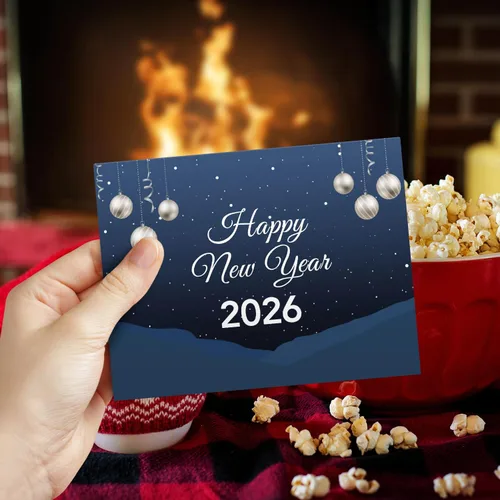 Vista 2 de Tarjetas de felicitación de feliz año nuevo 2026 – Nochebuena azul nevada de invierno, Navidad, Año Nuevo, vacaciones, saludos, invitaciones