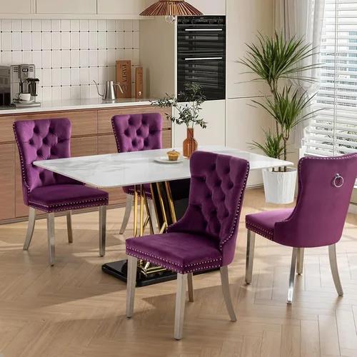 Vista 51 de Juego de 2 sillas de comedor tapizadas de tela de lino, sillas de cocina modernas de mediados de siglo con respaldo alto, ribete de cabeza de clavo