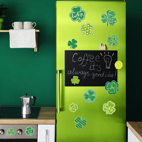 Vista 5 de Whaline 17 imanes para refrigerador del día de San Patricio, trébol verde, calcomanías magnéticas de trébol de la suerte, imán decorativo de garaje