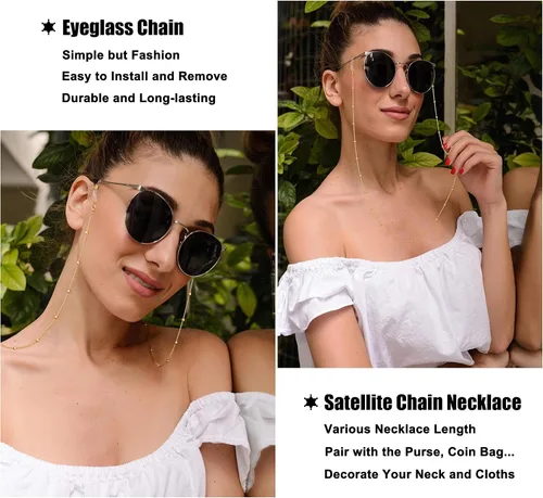 Vista 3 de PEARLADA - Cadena para gafas de sol de 18K oro con cuentas, correa para gafas de lectura, collar retenedor de gafas, cadena de cuerda de cuentas