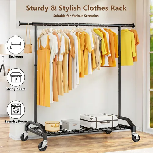Vista 11 de Wiracks Perchero de Servicio Pesado para Colgar Ropa 350lbs Perchero de Ropa Ruedas Industriales de 3" 51 a 71" An x 16.53" Pr x 65" a 71" Al