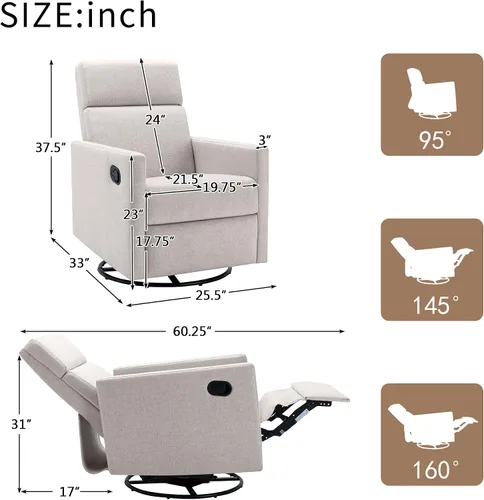 Vista 2 de LUMISOL Silla reclinable giratoria para adultos, silla deslizante para guardería, sofá individual reclinable manual, tapizada en lino, con respaldo
