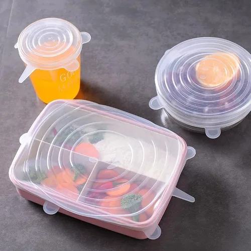 Vista 3 de 6 tapas elásticas de silicona, fundas reutilizables de silicona para recipientes de alimentos, 4 tamaños, se adapta a varios recipientes, apto