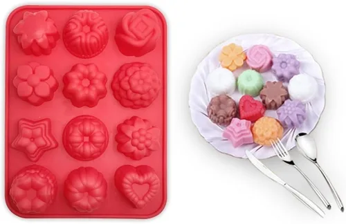 Vista 4 de Paquete de 3 moldes de silicona para hornear, antiadherentes de 12 cavidades, magdalenas, chocolate, gelatina, pudín, caramelo, azul, verde, rojo