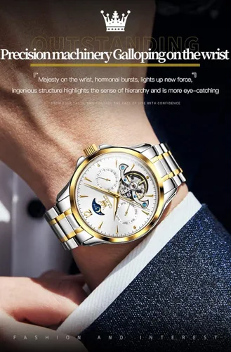 Vista 3 de OLEVS Watches Mens Automatic Self Winding Mechanical Gold Skeleton Fashion Luxury Dress Moon Phase Stainless Steel Tourbillon Mens Wrist Watch Day