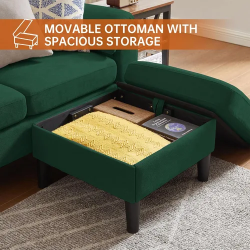 Vista 6 de Juego de sofás modulares de 3 piezas, sofás de 3 plazas en forma de L y sofá biplaza con sillón y otomana de almacenamiento para sala de estar Verde