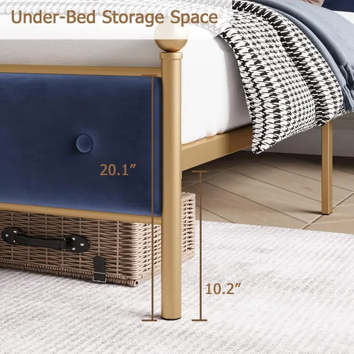 Vista 2 de Base de cama tapizada de tamaño matrimonial con botones y tela de terciopelo, base de colchón resistente con marco de metal y listones de madera