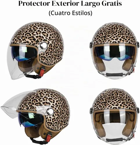 Vista 4 de Casco de motocicleta de cuero PU brillante vintage 3/4, con certificación DOT, con visor doble, casco de cara abierta, casco de media cara