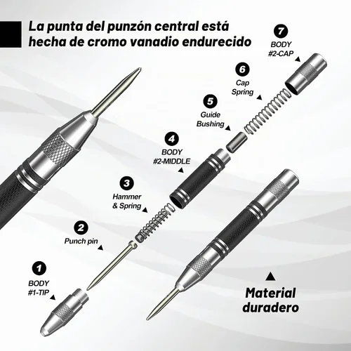 Vista 3 de Paquete de 2 perforadores centrales automáticos, de acero resistente de 5 pulgadas, con resorte central con herramienta de perforación de tensión