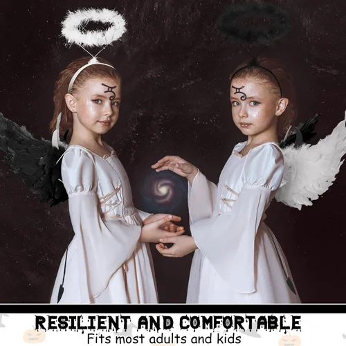 Vista 5 de Liliful 3 piezas de alas de diablo de ángel con diadema, disfraz doble de ángel diablo para niños y adultos, disfraces de Halloween con correas