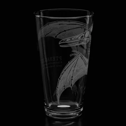 Vista 2 de LumEngrave PTERANODON SKELETON - Vaso de cerveza grabado, diseño de dinosaurio volador, pájaro jurásico, cretácico, Rex, paleontología, gran idea