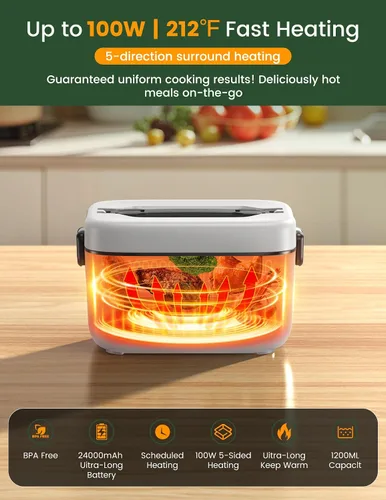 Vista 3 de Fiambrera eléctrica inalámbrica, 1.2 L, alimentada por batería, 100 W, 24000 mAh, recargable, portátil, calentador de alimentos autocalentable