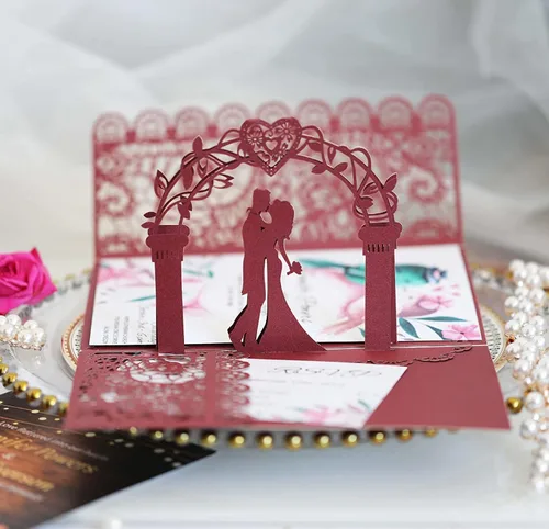 Vista 2 de 10 tarjetas de invitaciones de boda cortadas con láser, invitaciones 3D para compromiso, despedida de soltera, aniversario, matrimonio, invitaciones