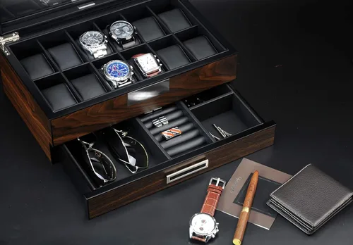 Vista 7 de Lifomenz Co Caja de reloj de madera para hombre organizador de joyas con cajón de valet 12 ranuras para reloj organizador de accesorios para hombre