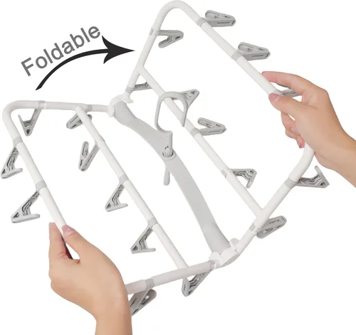 Vista 5 de Foshine Perchas de secado de ropa plegables de plástico con 20 clips de secado (gris claro, rectangular)