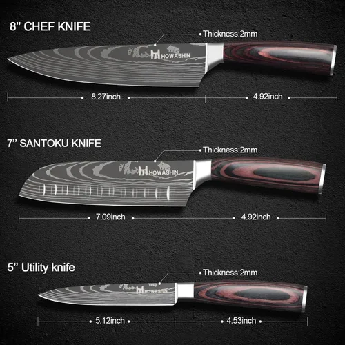 Vista 6 de Juego de cuchillos de cocina de acero inoxidable alemán, 3 piezas, cuchillo de chef de alto carbono, mango ergonómico de madera