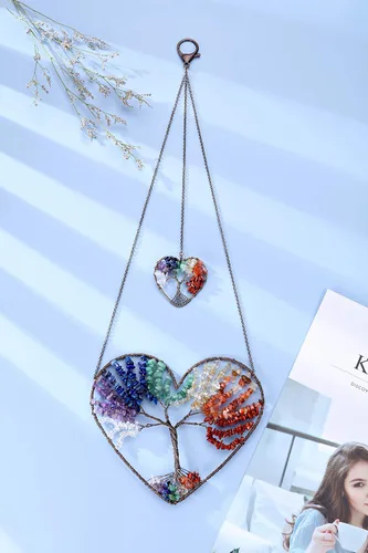 Vista 2 de JOVIVI Adorno colgante de árbol de la vida de doble corazón, 7 chakras, reiki, cristales curativos, piedras preciosas de meditación, colgador