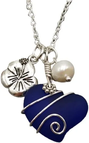 Vista 5 de Collar de cristal de mar hecho a mano, collar de corazón de alambre, collar de abalorios y perlas, joyería de cristal de mar, regalo de cumpleaños