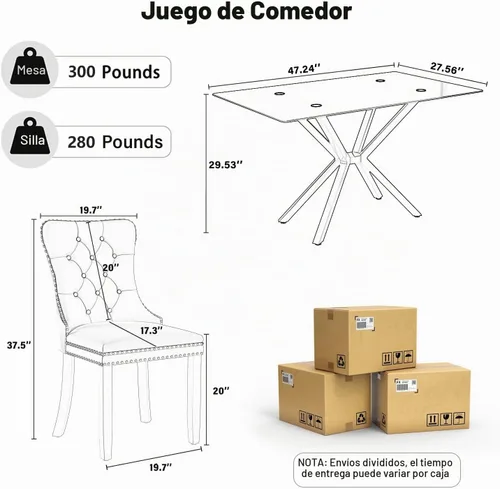 Vista 3 de Juego de comedor moderno de cristal de lujo de 5 piezas, juego de comedor rectangular minimalista para 4, juego de mesa de cocina de vidrio