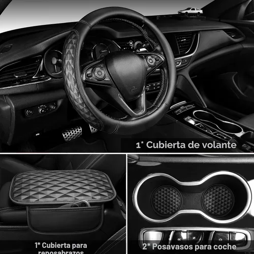 Vista 2 de CAR PASS Juego de fundas de cuero de espuma viscoelástica 3D para volante de automóvil, cómodo cojín de cuero de rombo para consola central con Negro